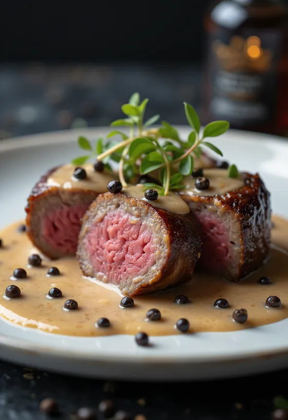 Sliced emu fillet covered in creamy peppercorn sauce.
