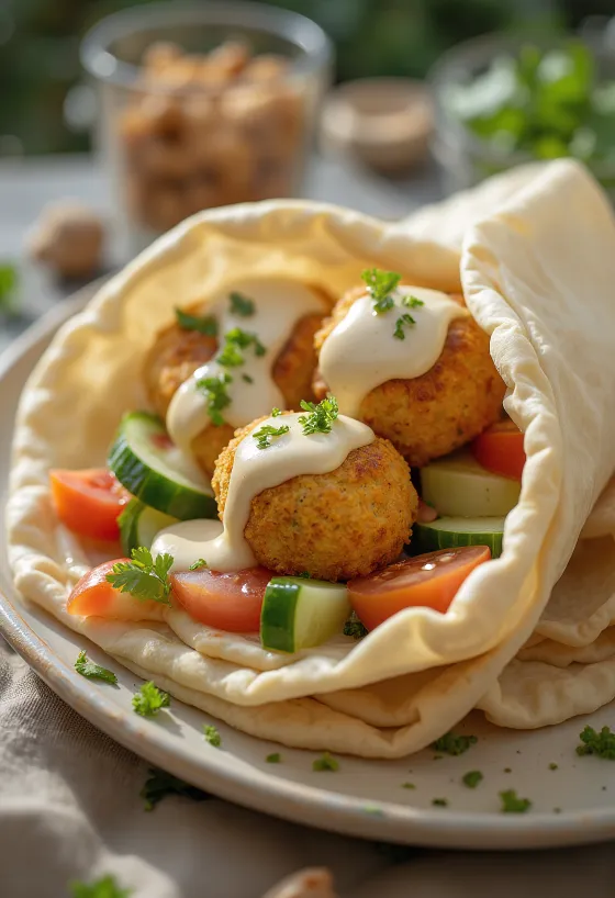 Falafel in pita bread with fresh vegetables and tahini sauce