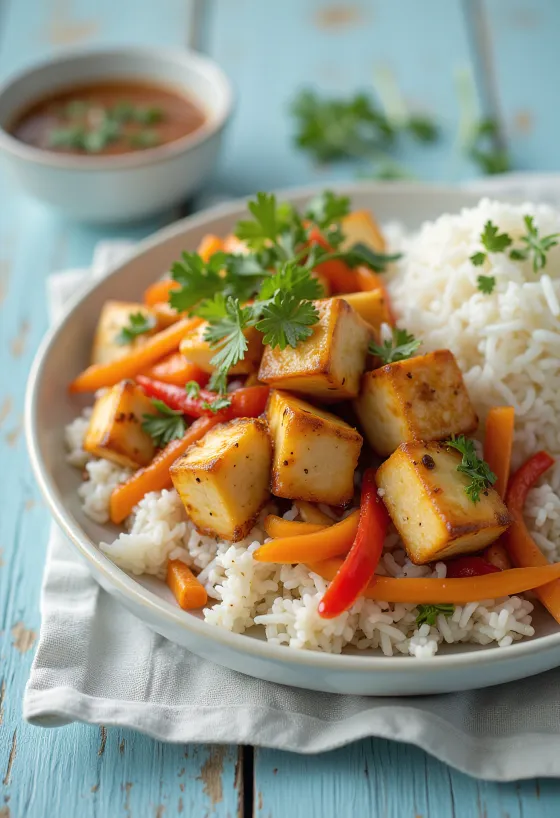 Spicy Tofu & Vegetable Stir-Fry served