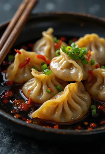 Chinese jiaozi dumplings in spicy chili oil served on a white porcelain plate