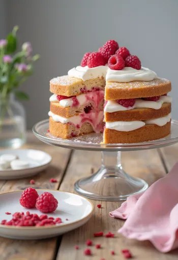 Raspberry marshmallow cake decorated with fresh berries
