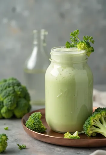 Green broccoli kefir smoothie in a glass