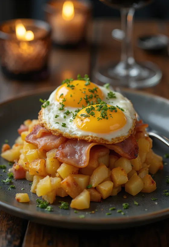 Classic Swedish Pyttipanna hash with fried egg and beets