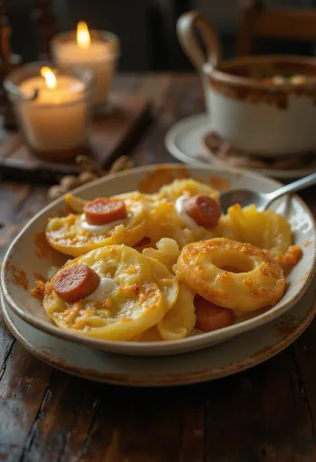 Layered potatoes with sausage, eggs, and sour cream topping.