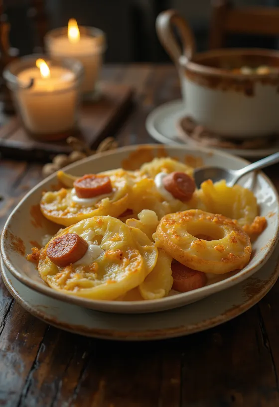 Layered potatoes with sausage, eggs, and sour cream topping.