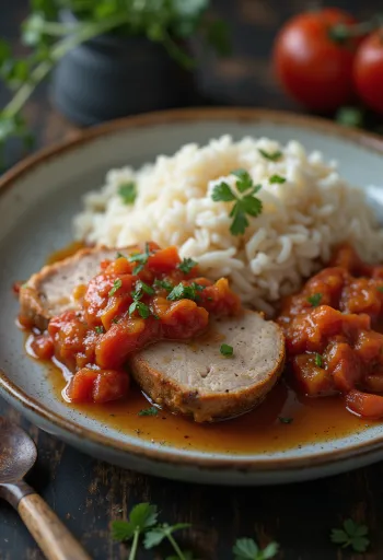 Pork shoulder steak with stewed peppers and rice