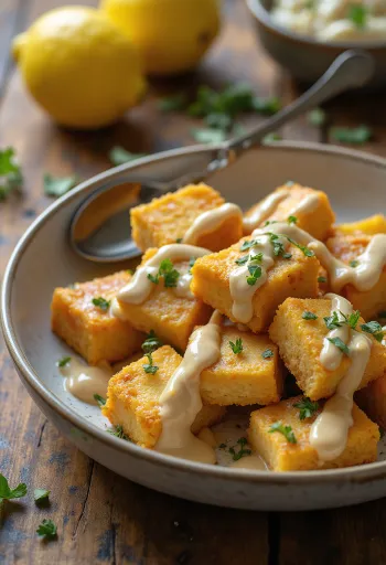 Baked tofu served with lemon tahini dressing, fresh parsley and sesame seeds