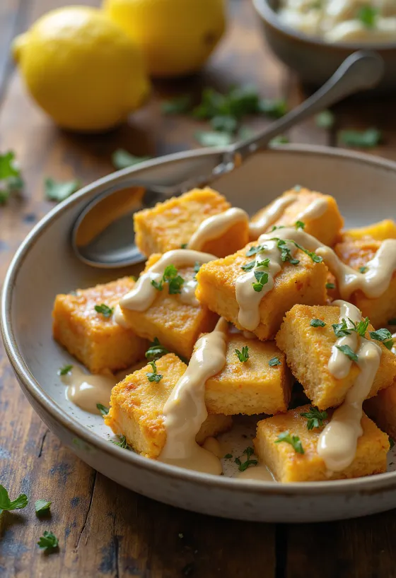 Baked tofu served with lemon tahini dressing, fresh parsley and sesame seeds
