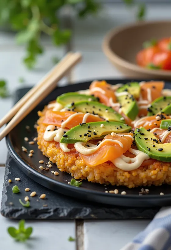 Sushi pizza with fried rice base and salmon