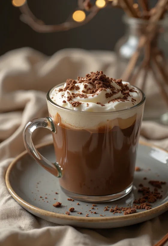 Vanilla hot chocolate with whipped cream and chocolate shavings