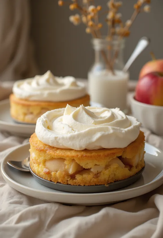 Apple cake topped with whipped cream