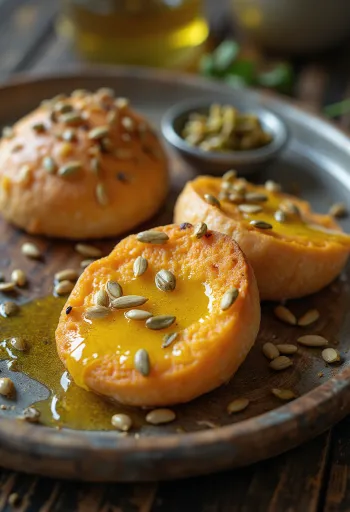 Bolo do Caco with olive oil, fresh and crispy Portuguese bread with pumpkin seeds