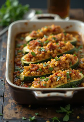 Spiced vegan stuffed zucchini served