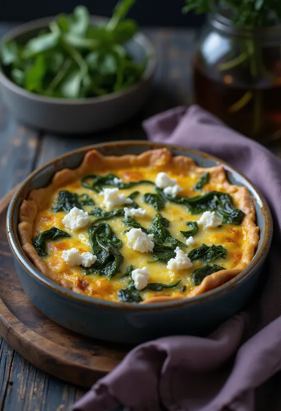 Freshly baked spinach and goat cheese quiche