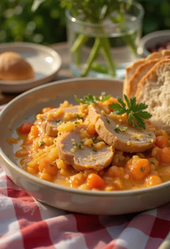 Creamy paprika pork with peppers served on a plate