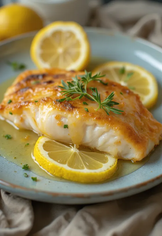 Pan-seared white fish fillet with lemon butter sauce