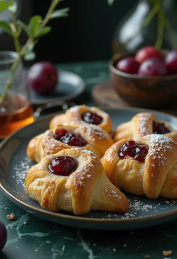 Fresh homemade plum jam crescents dusted with powdered sugar.