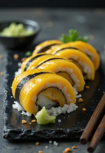 Tamagoyaki egg omelet rolled in sushi rice and nori