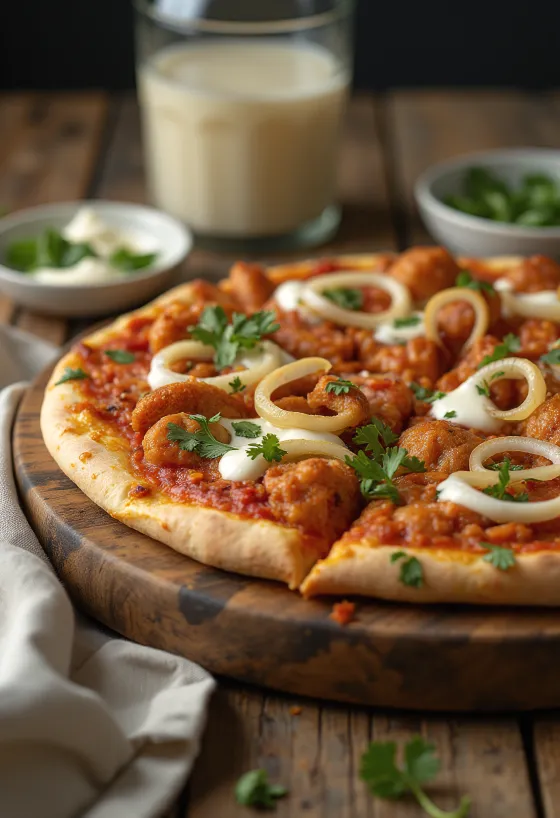 Tandoori chicken pizza with cilantro and yogurt