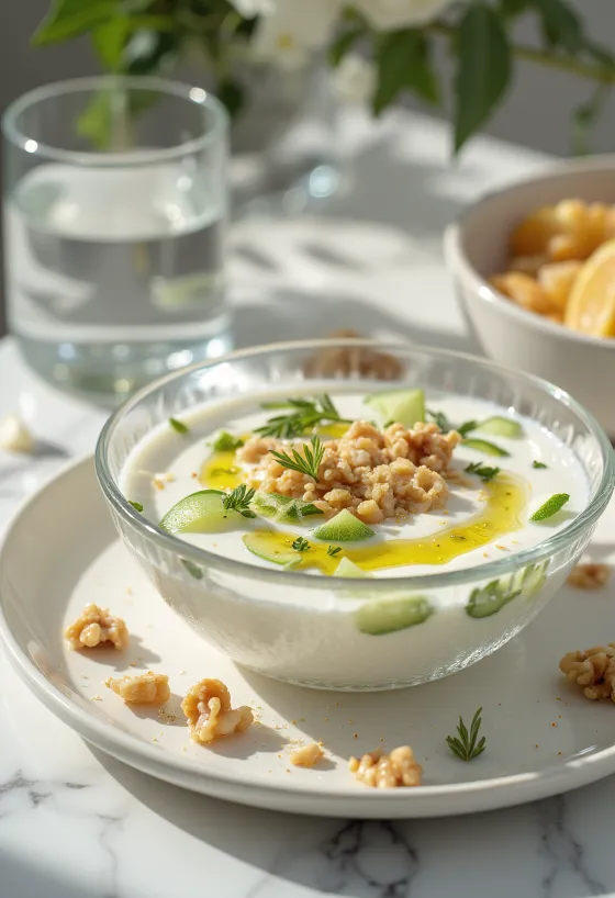Tarator with lemon juice, yogurt cucumber soup in a bowl, garnished with walnuts and dill