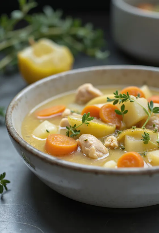Bowl of creamy chicken soup with vegetables and tarragon.