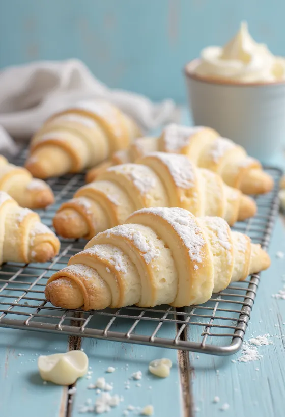 Soft vanilla crescents generously dusted with powdered sugar.