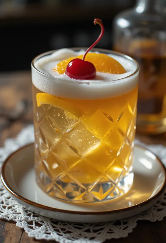 Whisky Sour cocktail garnished with orange slice and cherry