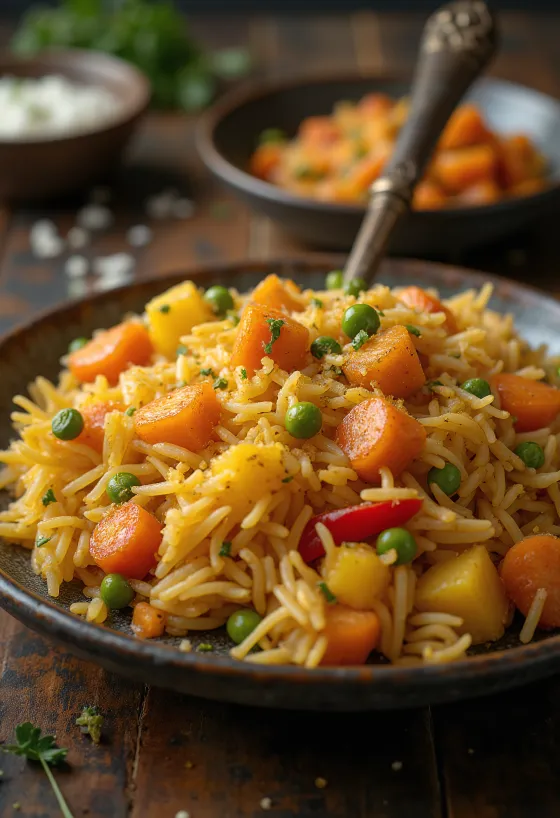 Vegetable rice with tandoori spices served