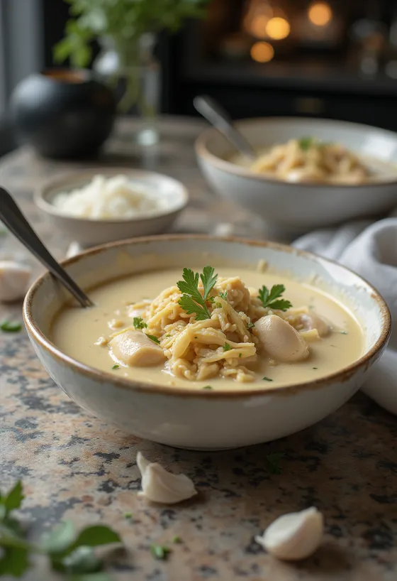 Creamy garlic chicken soup served in a bowl