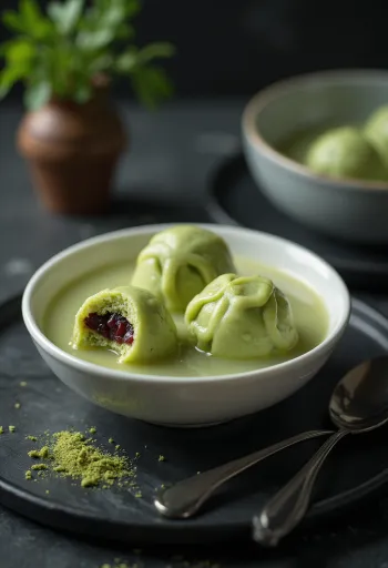 Green matcha rice balls in a bowl
