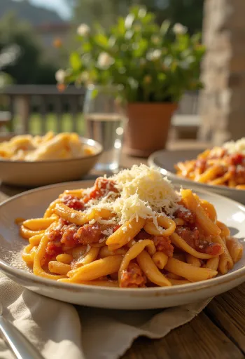 Pasta with fried eggplant cubes and tomato sauce.