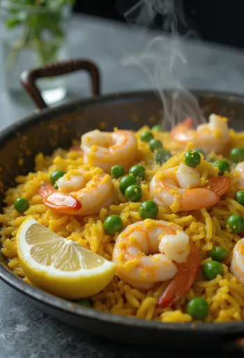 Spanish paella with fresh seafood, vegetables, and saffron.