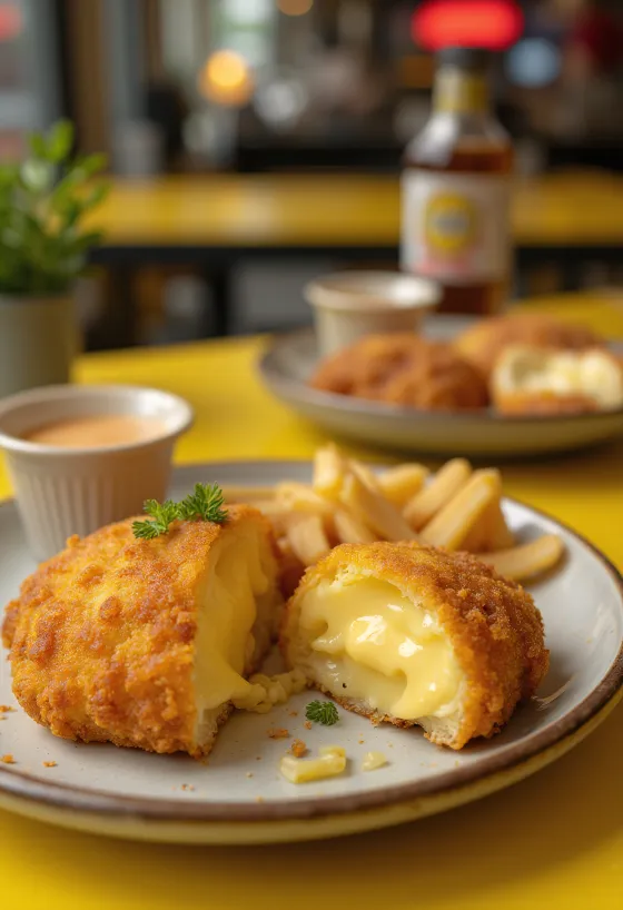 Golden brown fried cheese with crispy breading and lemon slices