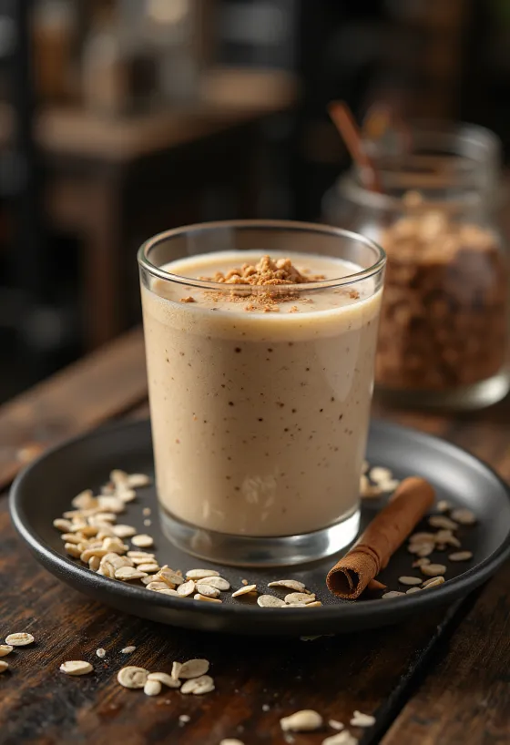 Oat smoothie in a tall glass garnished with oats and cinnamon