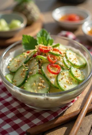 Bowl of Japanese pickled cucumbers with sesame seeds and chili