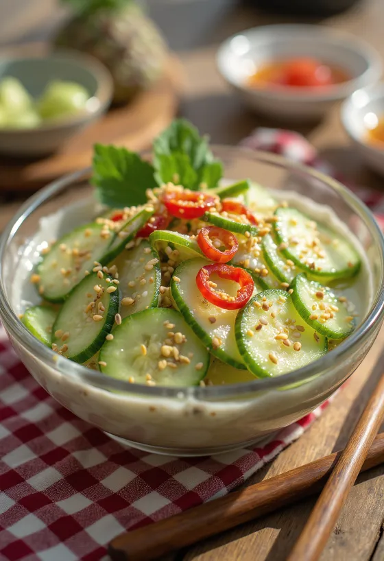Bowl of Japanese pickled cucumbers with sesame seeds and chili