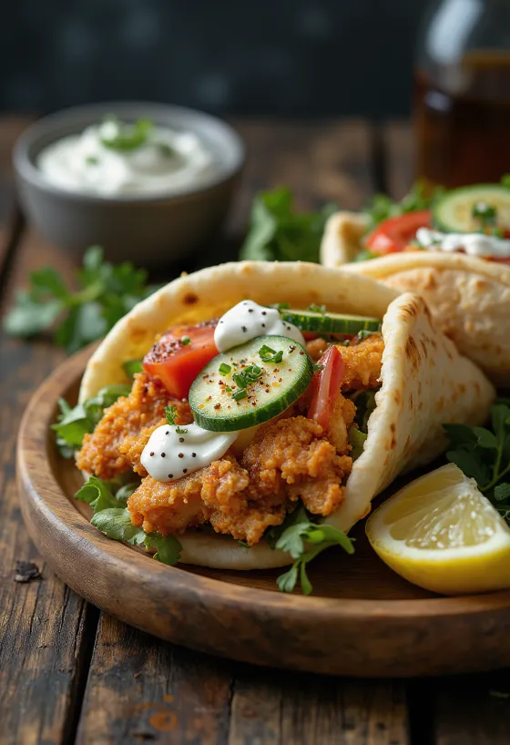 Chicken gyros served with fresh vegetables, tzatziki sauce, and pita bread.