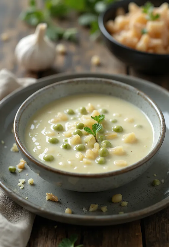 Steak sauce boat filled with creamy green peppercorn sauce.