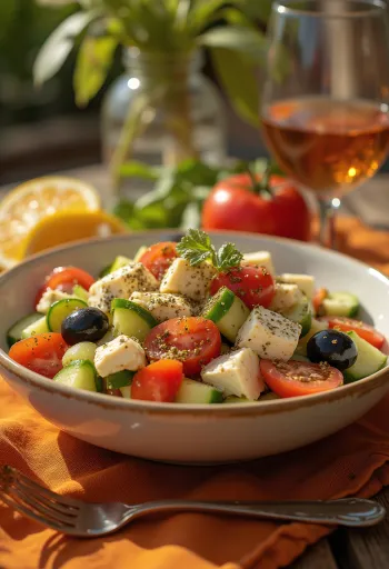 Greek salad with crispy tofu cubes