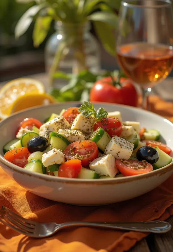 Greek salad with crispy tofu cubes
