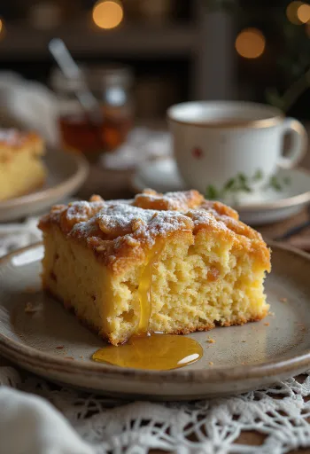 Golden brown ginger loaf cake with a tender crumb, dusted with powdered sugar.