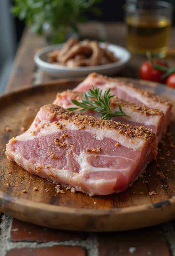 Salt-cured pork belly served on a wooden board