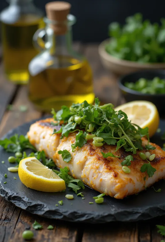 Pan-seared fish fillets topped with fresh herbs