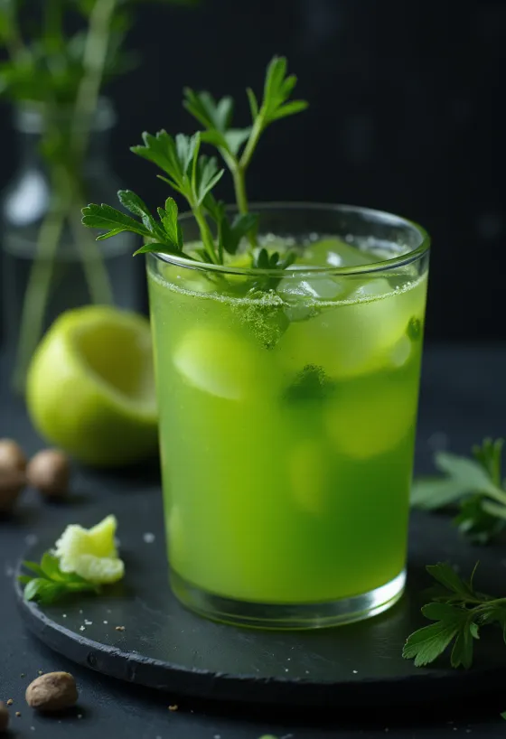 Celery juice in a tall glass garnished with fresh celery stalks