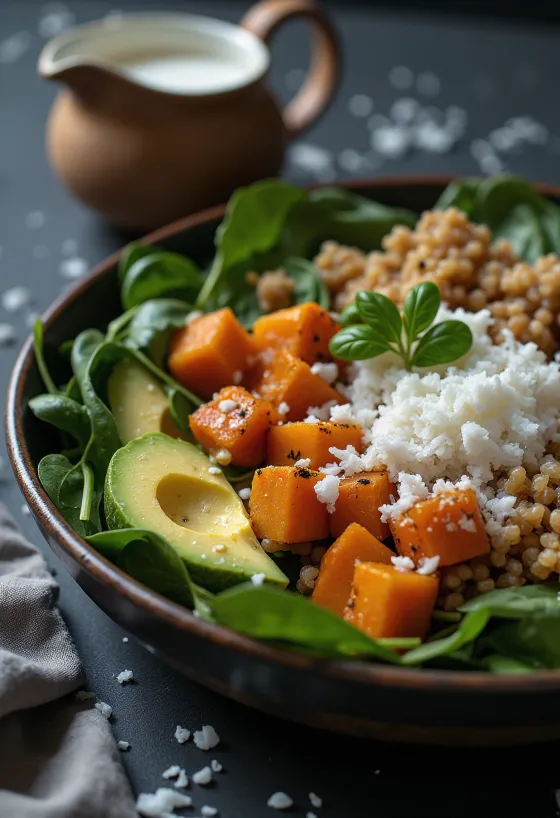Sweet potato Buddha bowl with coconut served