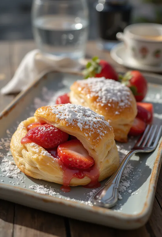 Freshly baked, crispy strawberry strudel dusted with powdered sugar.