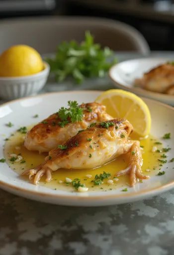 Pan-fried frog legs in garlic butter with parsley.