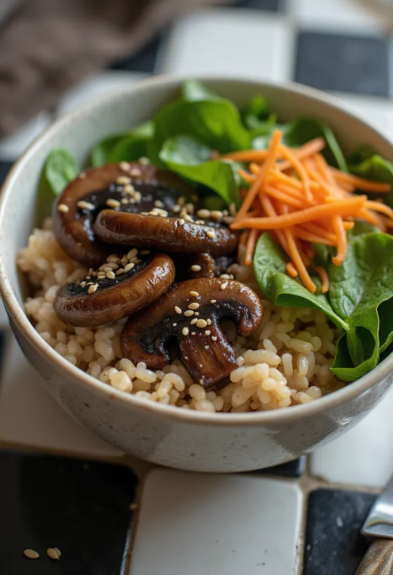 Mushroom vegan Buddha bowl served