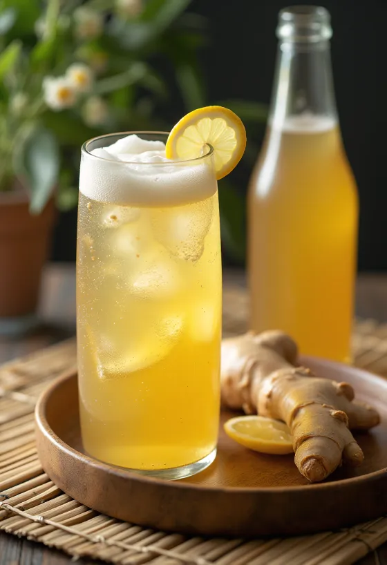 Ginger beer served with lemon and ice