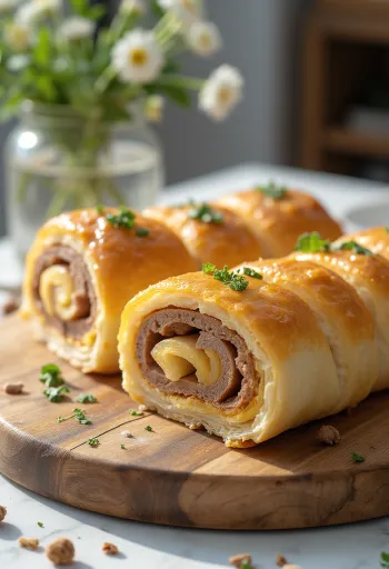 Golden brown meat roll served with fresh vegetables and sauce.